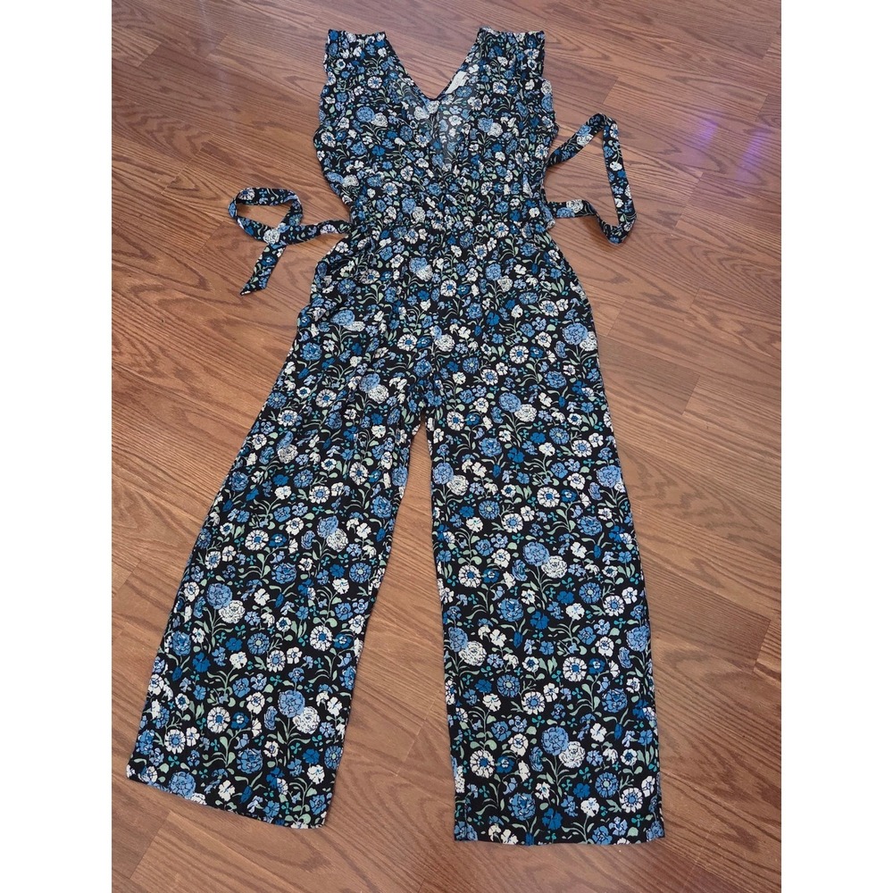 LOFT Blue Floral Wide Leg Jumpsuit Sleeveless V-Neck Elastic Waist Pockets M